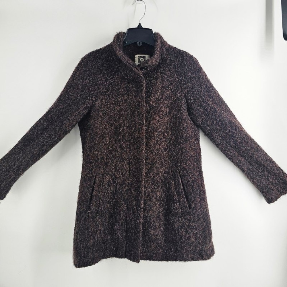 Anne Klein Boucle Wool Blend Coat Women Size M Brown Funnel Neck Jacket